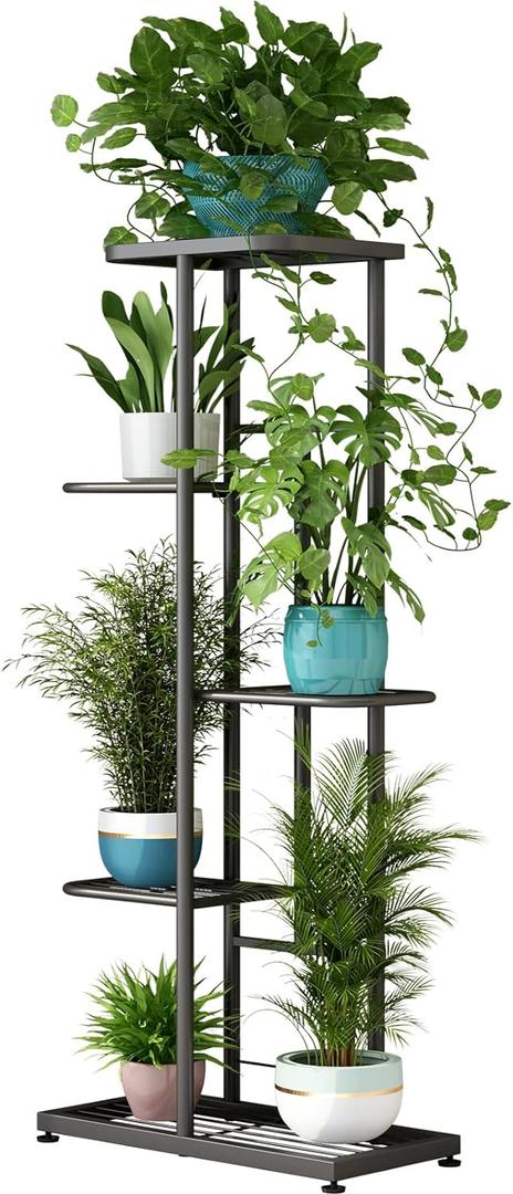 LINZINAR Plant Stand Indoor Outdoor Metal 5 Tier 6 Potted Multiple Flower Pot Holder Shelf Planter Display Shelving Unit for Patio Garden Corner Balcony Living Room (5 Tier 6 Potted, Dark Grey)