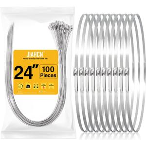 100PCS Metal Cable Zip Ties Heavy Duty 24 Inch Long Stainless Steel ZipTies 270LBS Tensile Strength Steel Wire Ties Multi-Purpose Self-Locking Metal Wrap Ties for Indoor and Outdoor