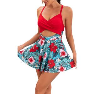 B2prity Women Cutout One Piece Skirt Swimsuit V Neck Wrap Tie Back Swimdress Tummy Control Bathing Suits Slimming Swimwear (Large, Red,floral)