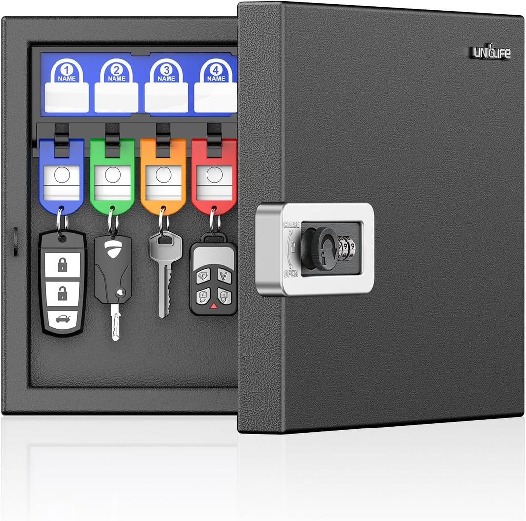 Uniclife 16 Keys Key Lock Box, Wall Mount Key Box, Key Cabinet, Car Key Organizer with Writable Key Racks and Tags, Security Key Holder Storage Box for Office, Black