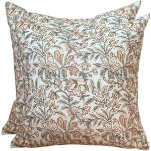 Pack of 2 Floral Pillow Covers 18x18 Vintage Double Sided Block Print Pillow Covers Farmhouse Decorative Couch Pillows for Sofa, Living Room, Boho Neutral Accent Cushion Cover (2, rust, 18X18) (Rust Tan Mustard)