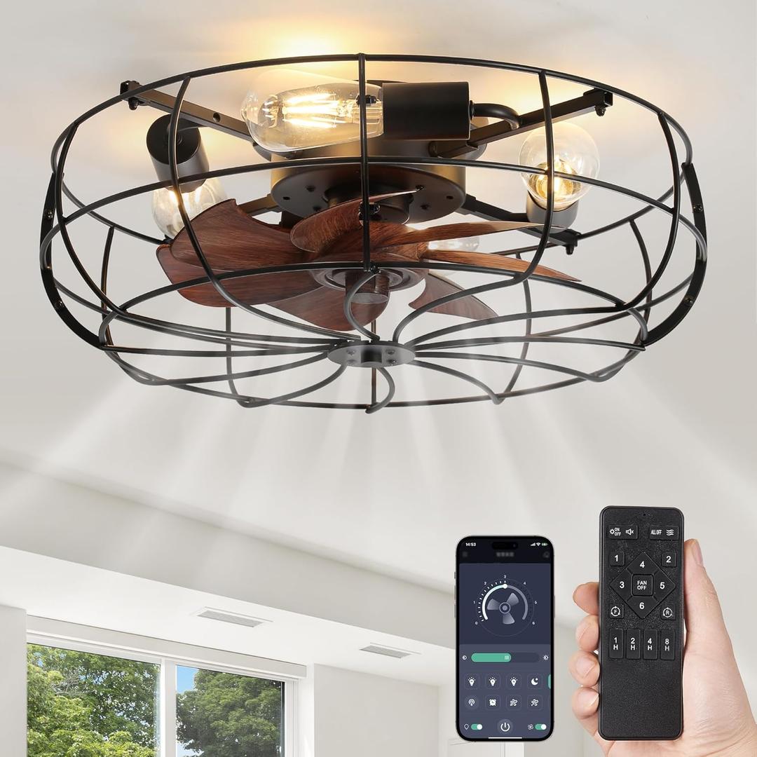 LEDIARY 20" Caged Ceiling Fans with Lights and Remote, Flush Mount Bladeless Ceiling Fan Low Profile, Small Farmhouse Industrial Enclosed Ceiling Fan with Light for Bedroom, Kitchen, Indoor (20 Inch)