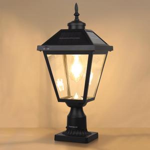 Solar Post Light ST4334Q Vintage Dusk to Dawn Outdoor Bright LED Solar Powered Lamp for Pole Pillar Yard Gates Pathway (Lamp with Base)