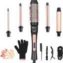 5 in 1 Curling Wand Set, Curling Iron Set with Curling Brush and 4 Interchangeable Ceramic Barrel Curling Wand (0.35”-1.25”), Fast Heating, Heat Protective Glove & 2 Clips