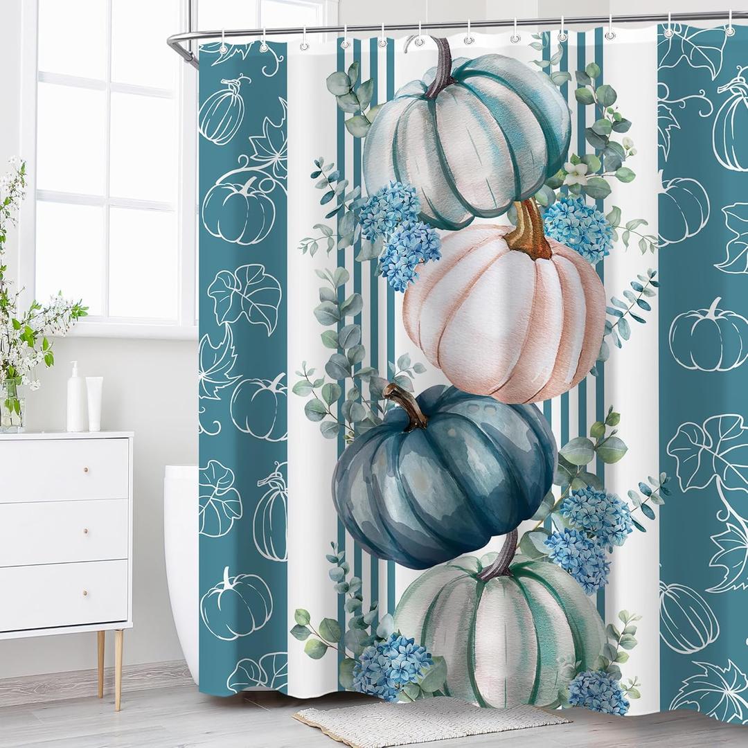 Blue Teal White Fall Pumpkin Shower Curtain Sets for Bathroom 60Wx72H Eucalyptus Leaves Shower Curtain Thanksgiving Autumn Bathtub Curtain Flower Holiday Flower Floral Boho Bathroom Decor
