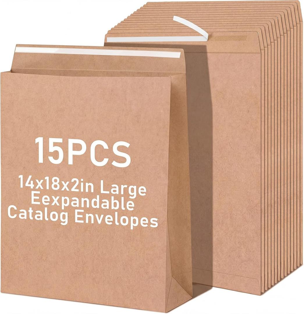 Fullhawl 15 Pcs 14 x 18 x 2 Inch Large Expandable Catalog Envelopes Manilla Kraft Peel and Seal Envelopes Light Large Mailing for Office Home Documents Magazines Photos Storage Organizing (Brown)