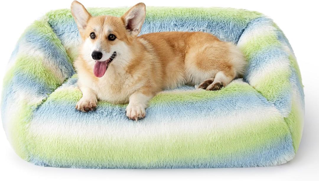 Lesure Dog Bed Medium Size - Cute Furry Calming Puppy Beds, Rectangle Washable Indoor Pet Beds with Removable Zipper Cover, 35x25x11inches, Green Stripe (Large)