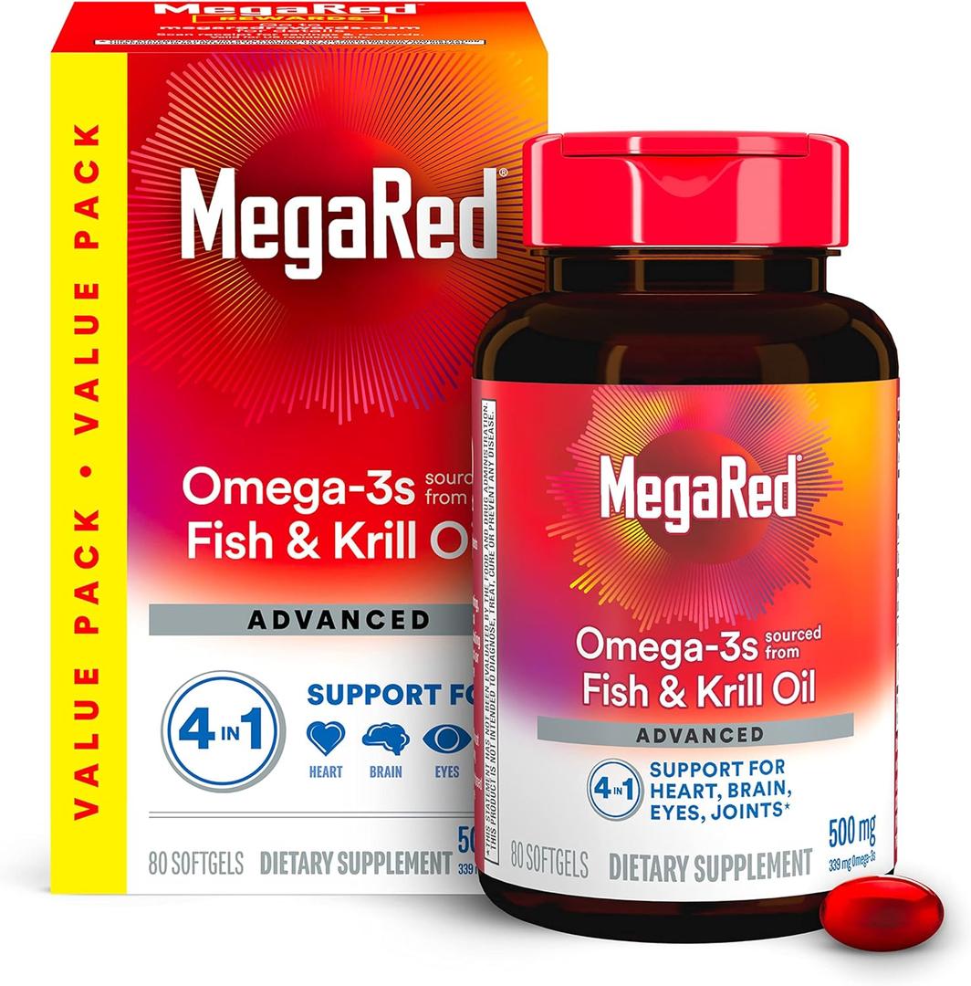 Megared Omega-3 Fish Oil + High Absorption Krill Oil 500mg Softgels, MegaRed Advanced 4in1 (80 count in a bottle) Concentrated Omega-3 Fish & Krill Oil Supplement, Best By 02/2027