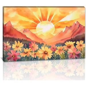 Boho Sun Wall Art Abstract Bohemian Sunset Picture Prints Watercolor Mountain Landscape Paintings Wildflowers Canvas Poster for Living Room Bedroom Farmhouse Decor Framed(Sun,16.00" x 24.00")