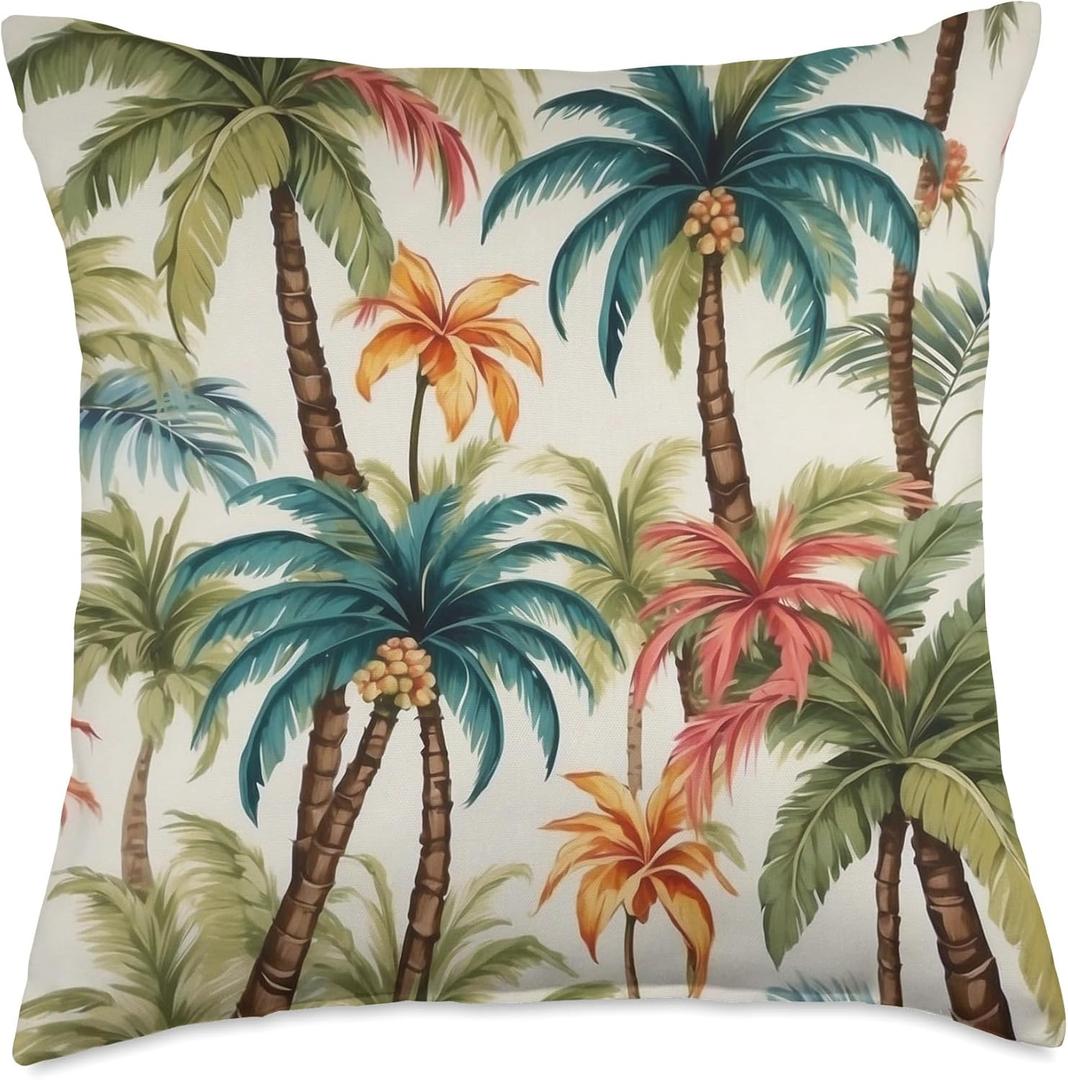 Retro Vintage Coconut Palm Tree Tropical Pattern Throw Pillow (18x18)
