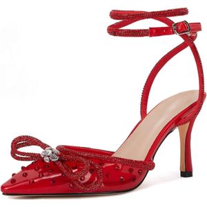 VETASTE Women's Double Bow Pointed Toe Ankle Strap Crystal Pumps Wedding Bridal Party Stilettos Backless Satin Heeled Sandals (Red)