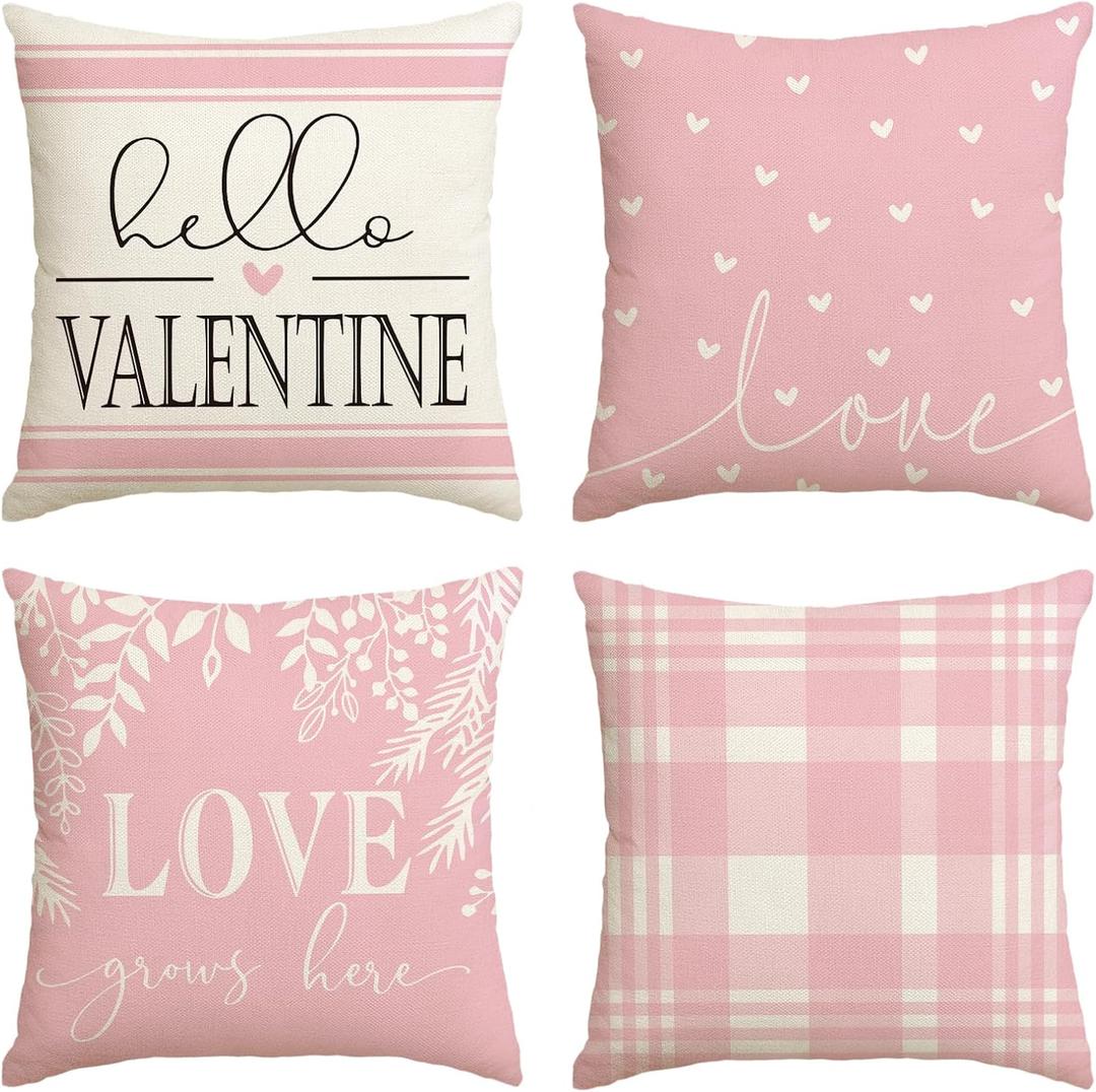 AVOIN colorlife Valentine's Day Pink and White Love Throw Pillow Covers, 18 x 18 Inch Hello Valentine Plaid Wedding Cushion Case Decoration for Sofa Couch Set of 4