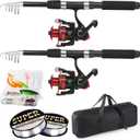 Tripquips Fishing Rod, 6.9ft 2Pcs Telescopic Fishing Rods Set, Carbon Fiber Fishing Pole, 2PCS Spinning Rod and Reel Combo with Carrier Bag Freshwater Fishing Rod and Reel Combos Kits Fishing Gear-Red