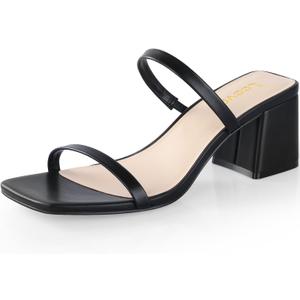 Leevar Square Toe Heeled Sandals for Women - Women's Low Block Heels Sandals - 2.25IN Open Toe Ankle Strap Chunky Heels - Slip on Heeled Sandal Mule- Nude Black Strappy Heels for Party Wedding Dress Shoes