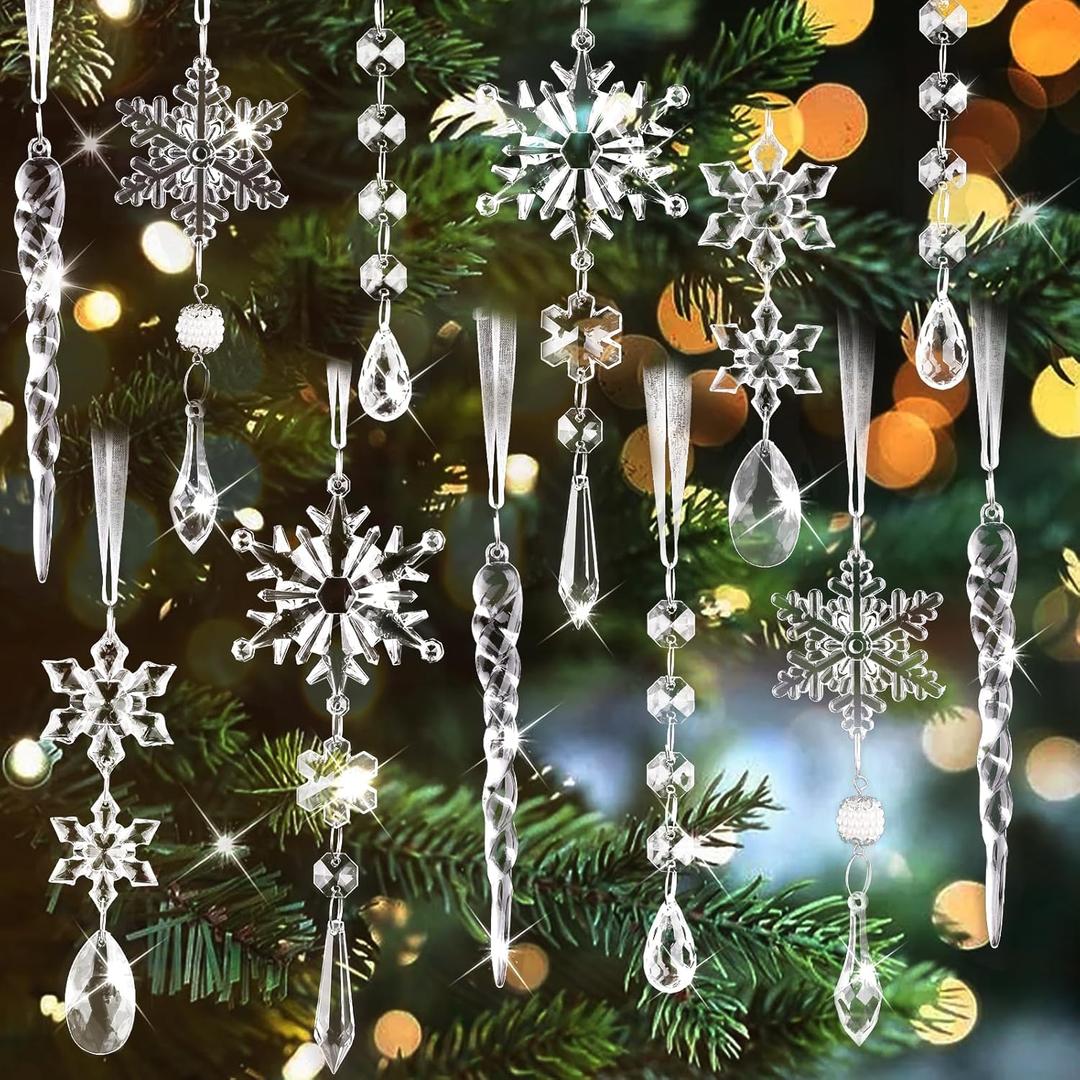 20 Pcs Crystal Christmas Ornaments for Christmas Tree Decorations - Hanging Acrylic Christmas Snowflake Icicle Drop Ornaments for Christmas Tree, New Year Party, Winter Wonderland Party Supplies