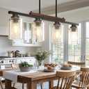 Amico Dining Room Light Fixture 4-Light Kitchen Island Lighting with Adjustable Rods, Farmhouse Decor Black Metal & Wood Chandelier with Seeded Glass Shade, Island Lights for Kitchen