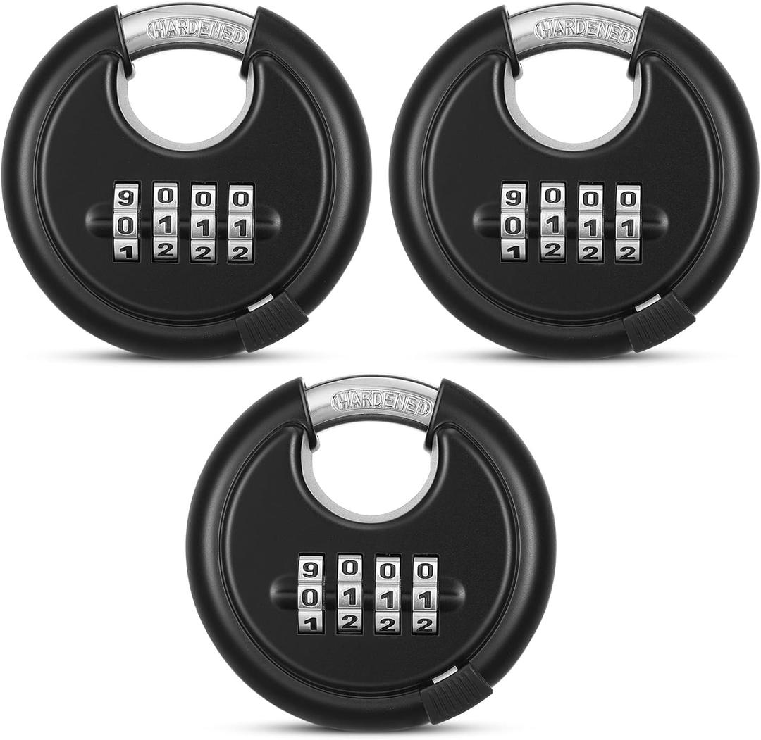3 Pack 4 Digit Combination Lock Heavy Duty Combo Lock with 3/8 Inch Hardened Steel Shackle Weatherproof Zinc Alloy Disc Padlock for Storage Unit, Shed, Gate, Fence