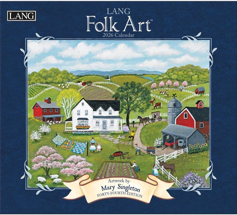 Lang Folk Art 2026 Wall Calendar 13.4" 12", 12-Month Calendar with Stapled Binding, Linen-Embossed Folk Art by Mary Singleton, Rural American Scenes