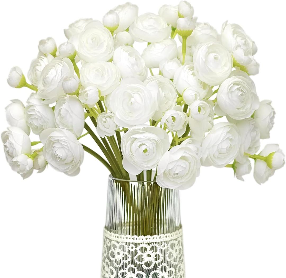 Letjolt Ranunculus Artificial Flower White Silk Flowers Faux DIY Bouquet for Wedding Engagement Centerpieces Arrangements Bridal Shower Decorations Home Decor 18pcs