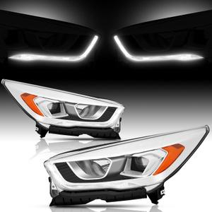 Headlights Assembly compatible with 2017 2018 2019 Ford Escape Halogen Projector Headlamp w/LED DRL Driver+Passenger,Chrome Housing