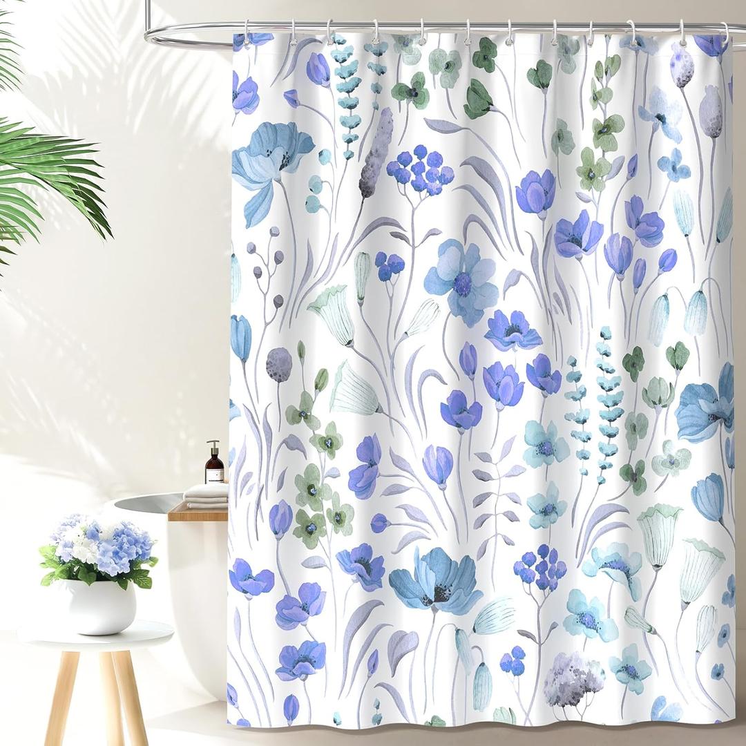 QiyI Watercolor Floral Shower Curtain, Flowers Leaves Spring Bathroom Curtain, Wildflowers Home Dcor Machine Washable Bath Curtain, Blue Waterproof Fabric Shower Curtain Set with Hooks, 72x72