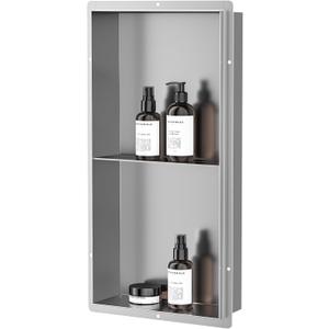 Neodrain 2-Tier Shower Niche Rimless 12X24 Inch Brushed Wall Niche Stainless Steel Bathroom Niches Shelf NO Tile Needed Recessed Cabinet Cubby Shower for Bathroom Storage