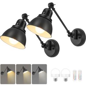 Battery Operated Wall Sconces Set of Two, Black Vintage Wireless Wall Lights Rechargeable Wall Sconce with Remote, 15 Colors Modes, Swing Arm Wall Lamps for Bedroom Living Room