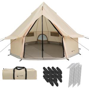 16x16x9.8ft 10 Person Tent for Camping - Breathable Spacious Water-Resistant Glamping Tent - Luxury Bell Yurt Outdoor Teepee for Family Camp, Hunting, Party or Events by Wakeman Outdoors (Beige), 192” x 192” x 119”; Door: 79”