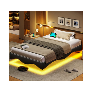 MSmask Floating Twin Bed Frames with LED Lights, Upholstered Platform Bed Frame Twin Size with Type-C & USB Port, Modern Wavy Visual Floating Metal Bed Frame, No Box Spring Needed, Black