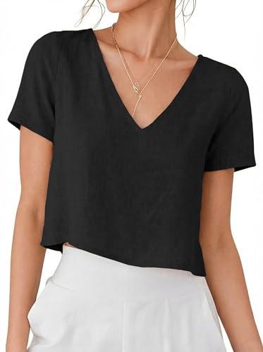 IDEALSANXUN Linen Shirts for Women 2026 Trendy Spring Summer V Neck Cute Crop Beach Short Sleeve Blouses Going Out Tops, Black, S