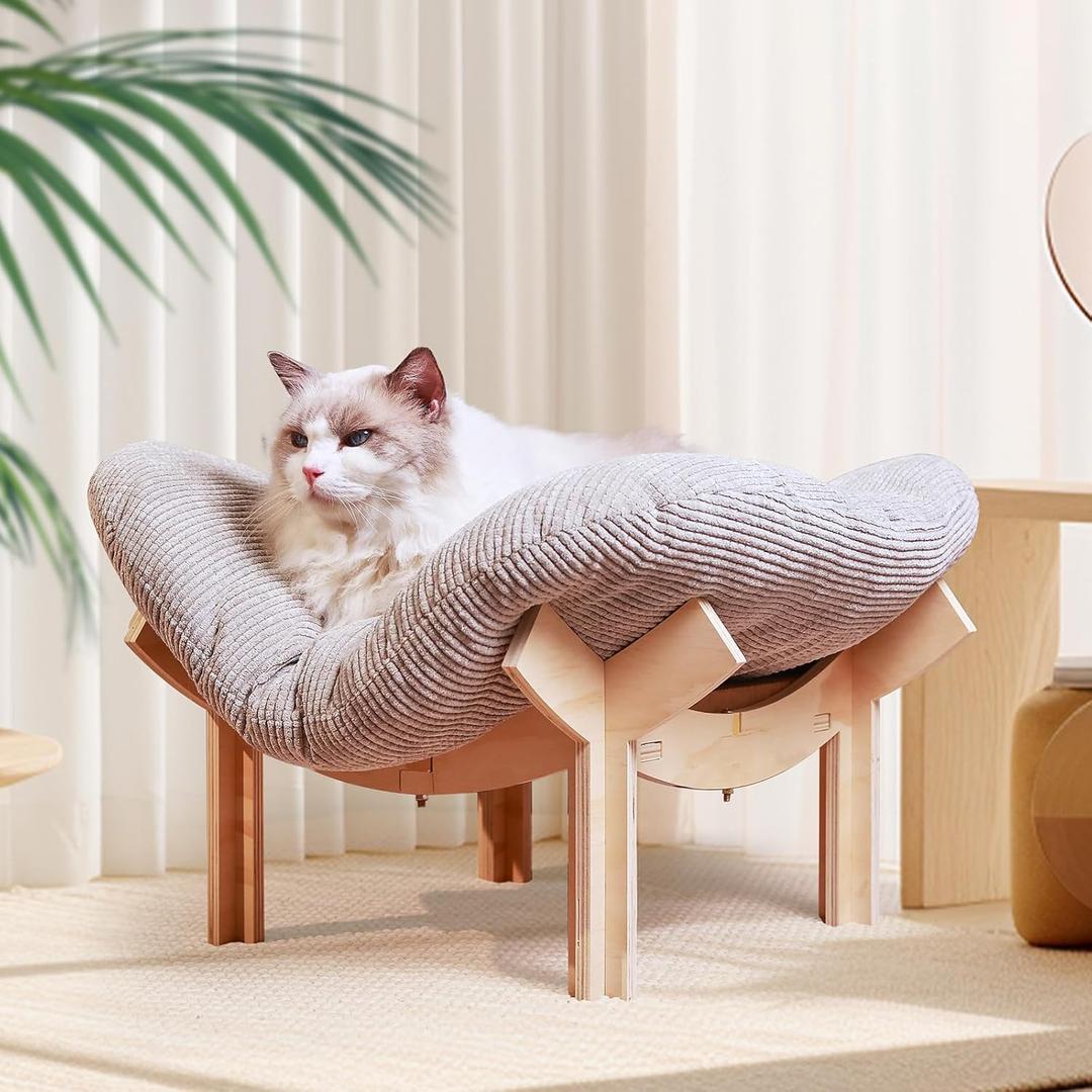 Wooden Elevated cat Hammock Bed, Featuring a Fluffy and Warm Cuddle Bed, Wooden Cat Furniture Can fit cat Scratch matScratcher