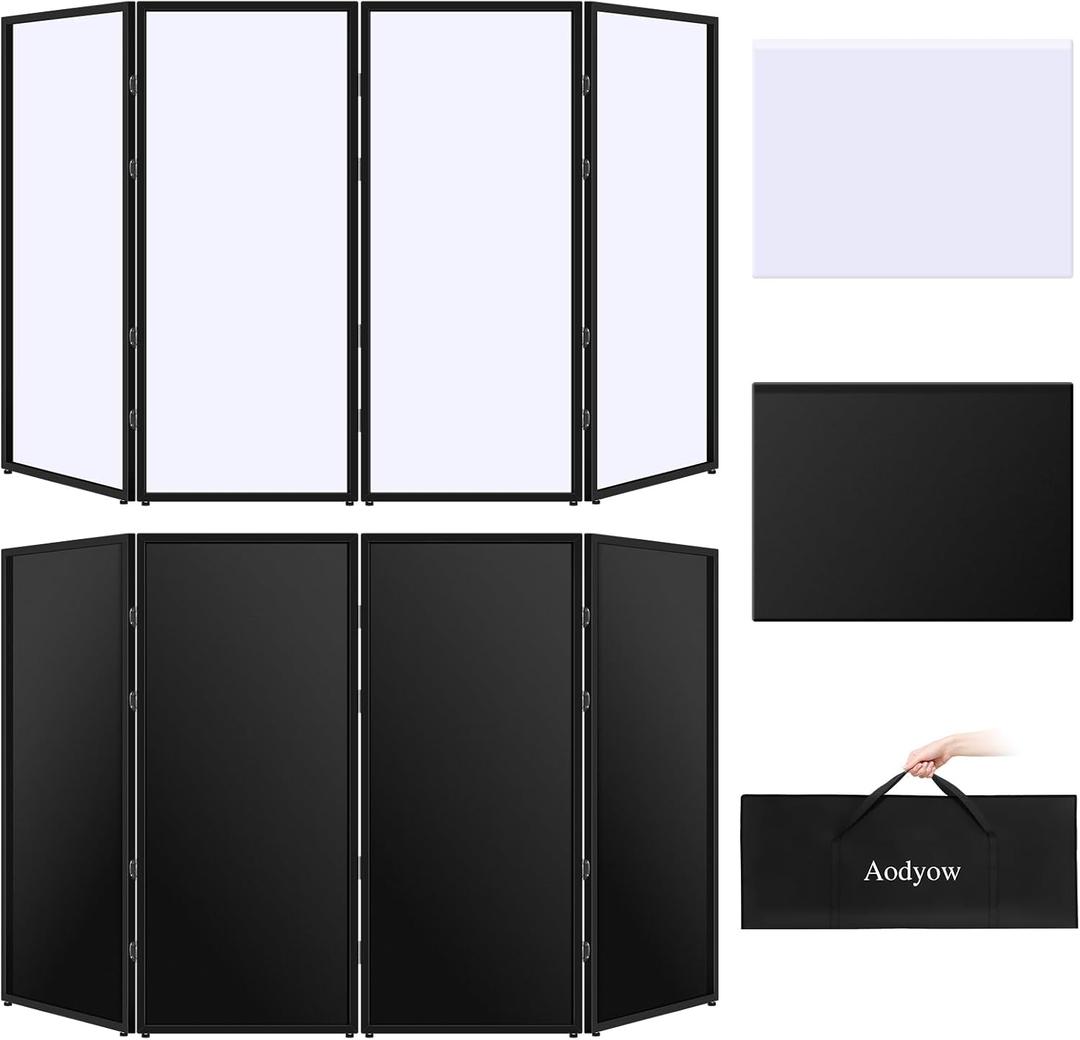 DJ Facade Booth Portable Event Cover Screen-Foldable 4 Detachable Metal Frame Light Projector Display Scrim Panel Stand with Carry Bag for Show, Party, Gathering, DJ Stand (White and Black)