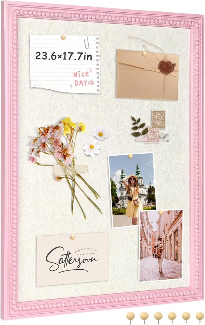Framed Linen Bulletin Board - 18 x 24 inches Fabric Organizer Pinboard for Wall, Picture Display Vision Board, Cutecore Room Decor - Natural Linen with Pink Frame