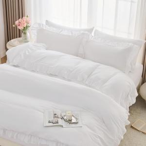 Horbaunal 5 Pcs White Ruffle Duvet Cover Full Size Soft Microfiber Shabby Chic Ruffled Duvet Cover Set, Vintage French Country Ruffle Bedding Set with Zipper Closure & Corner Ties, 80" x 90"