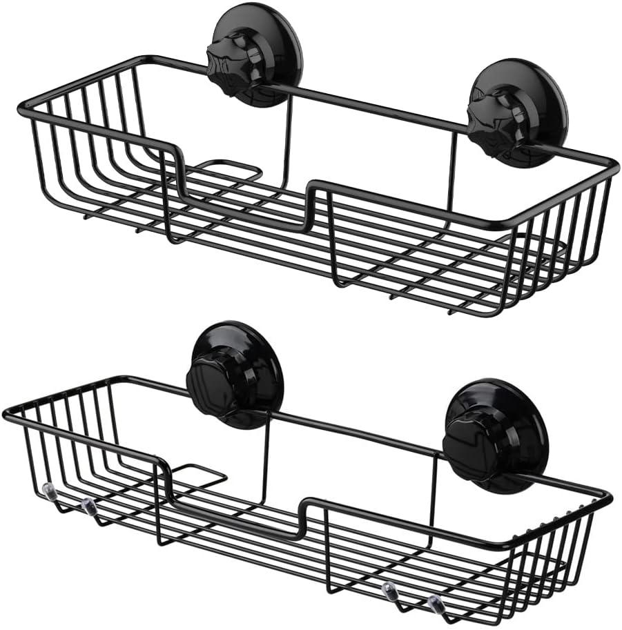 SANNO Suction Cup Shower Caddy Bathroom Caddies Storage Combo Organizer, No Damage Suction Cup,Rustproof Wire Basket for Kitchen Bathroom, Black,pack of 2