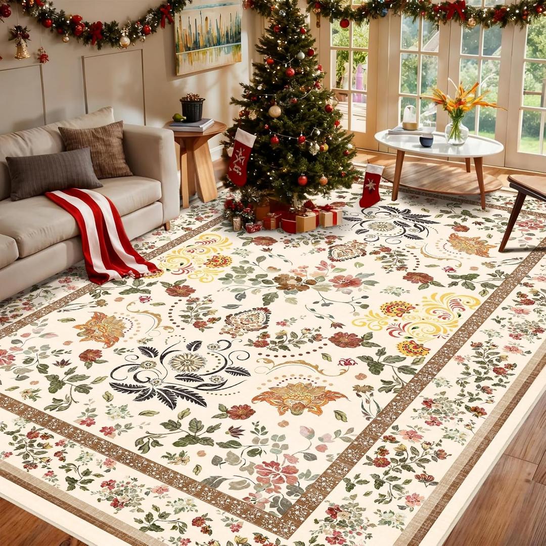 Washable Rugs 6x9 Non Slip Area Rug - Large Boho Floral Carpet for Living Room Bedroom Dining Room Kids Playroom Home Decor Carpet - Brown (Multi 35)
