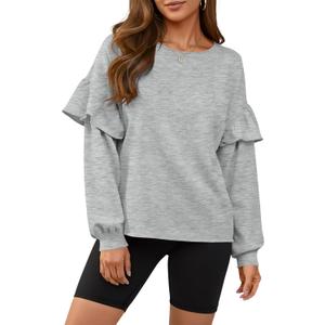 Fisoew Womens Crewneck Sweatshirts Fall Casual Ruffle Long Sleeve Roll Hem Loose Cropped Pullover Tops (XX-Large, Grey)