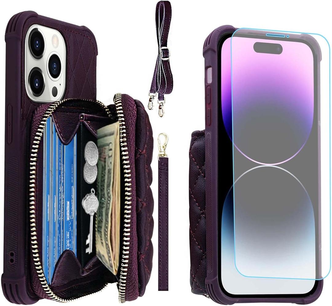 MONASAY Zipper Wallet Case Fit for iPhone 14 Pro, 6.1in [Glass Screen Protector ] [RFID Blocking] Flip Leather Handbag Phone Cover with Card Holder, Detachable Crossbody Lanyard Strap, Purple