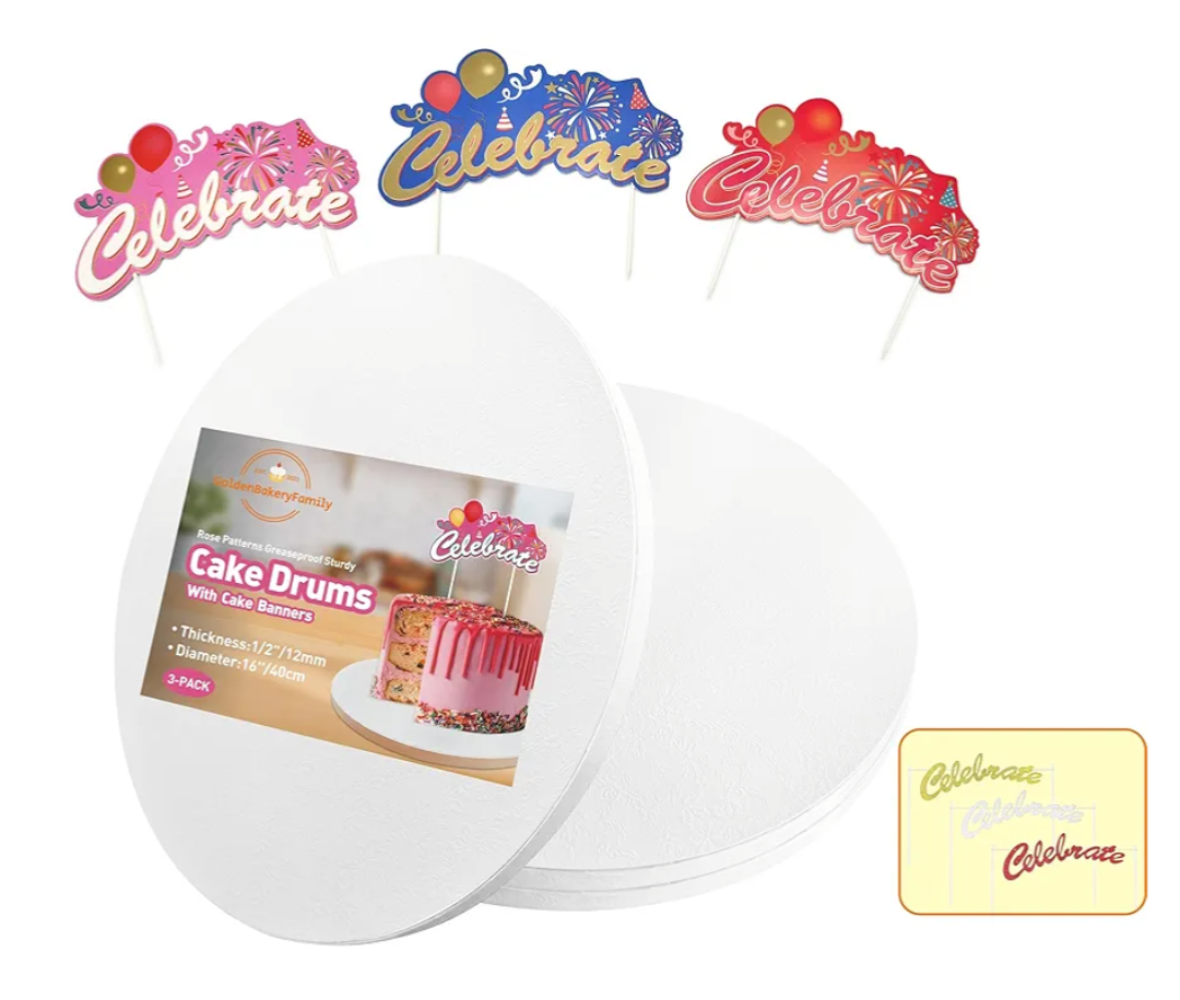 16 Inch Cake Drums with Banner Cake Topper-White(3-Pack) Cake Board Round 1/2 Inch Thick Cake Boards Sturdy, Greaseproof for Birthday Wedding Multi-Tiered Party Cake Boards by GoldenBakeryFamily