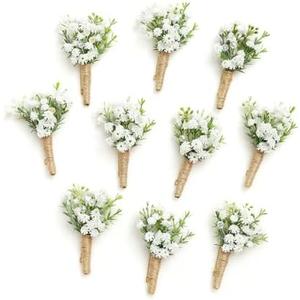 Ling's Moment Boutonniere for Men, 10pcs Groomsmen Guest Boutonniere, Artificial Flowers for Wedding Décor/Prom/Homecoming,etc.Baby Breath White