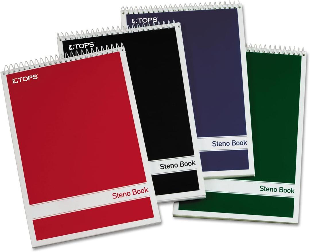 TOPS Steno Books, 6" x 9", Gregg Rule, Green Tint Paper, Assorted Color Covers, 80 Sheets, 4 Pack (80221)