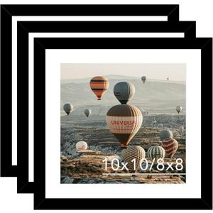 JCJMY 10x10 Picture Frame With Mat, Display 8x8 With Mat or 10x10 Without, Wood Square Photo Frames for Wall Hanging, 3 Pack, Black