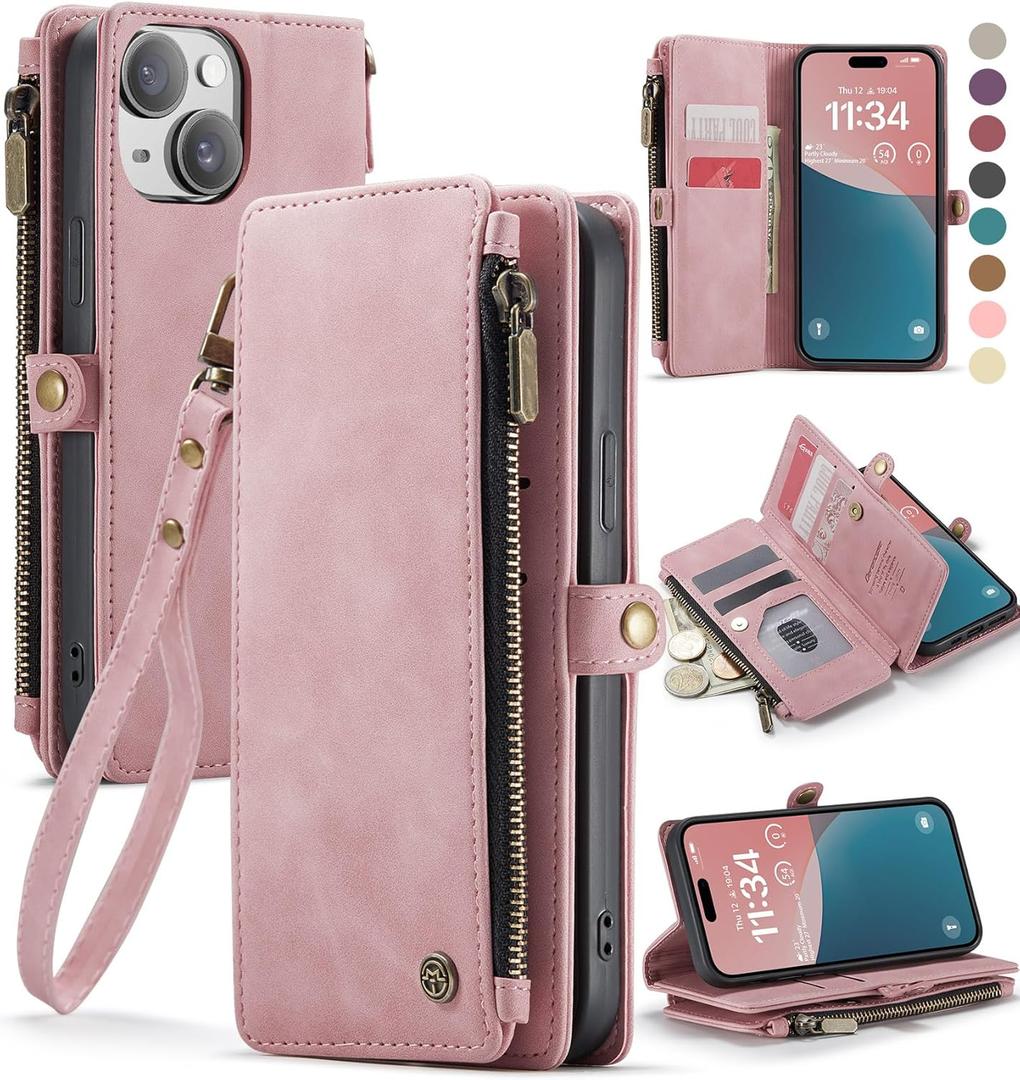 Defencase Compatible with iPhone 15 Case Wallet with RFID Blocking Card Holder for Women and Men, Fashion PU Leather Magnetic Snap Flip Zipper Strap Wallet Phone Case Fit for iPhone 15 6.1", Rose Pink