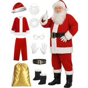 Santa Claus Costume for Men, 10pcs Professional Christmas Santa Adult Suit Velvet Red Costume for Party Cosplay S