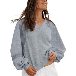 Womens Oversized Sweatshirts V Neck Lace Crochet Lantern Long Sleeve Pullover Cropped Tops Fall Outfits Clothes (Gray, L)