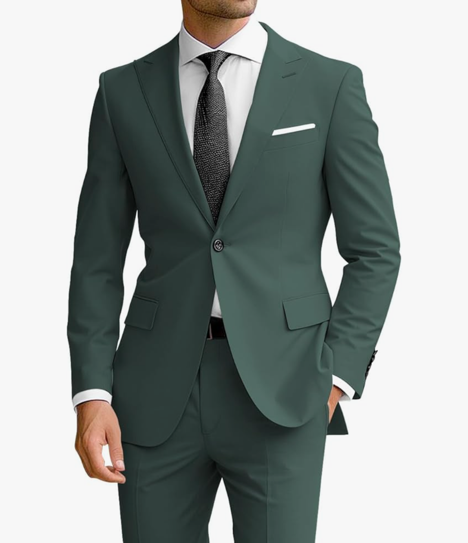 Wangyue Men's 2 Piece Suit Slim Fit Suits for Men Two Button Blazer Formal Business Jacket Suit for Wedding Prom Dinner, Color Dark Green, Size Large