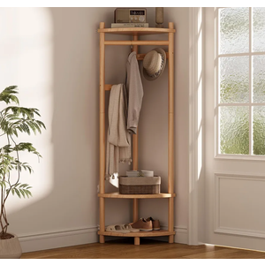 Solid Wood Corner Hall Tree with Hanging Clothes Rod, 4 Hooks Coat Rack with Storage Rack, Clothes Rack for Bedroom Entryway (Natural)