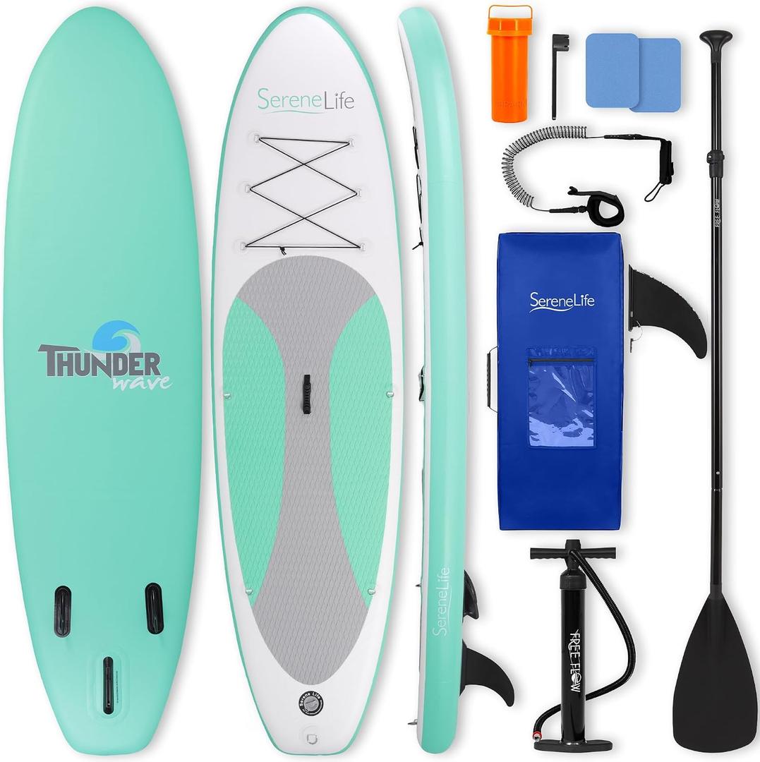 SereneLife 10'6" Inflatable Stand Up Paddle Board with Premium SUP Accessories - Wide Stable Design with Non-Slip EVA Deck Pad, for Youth and Adults, 350 lbs. Capacity