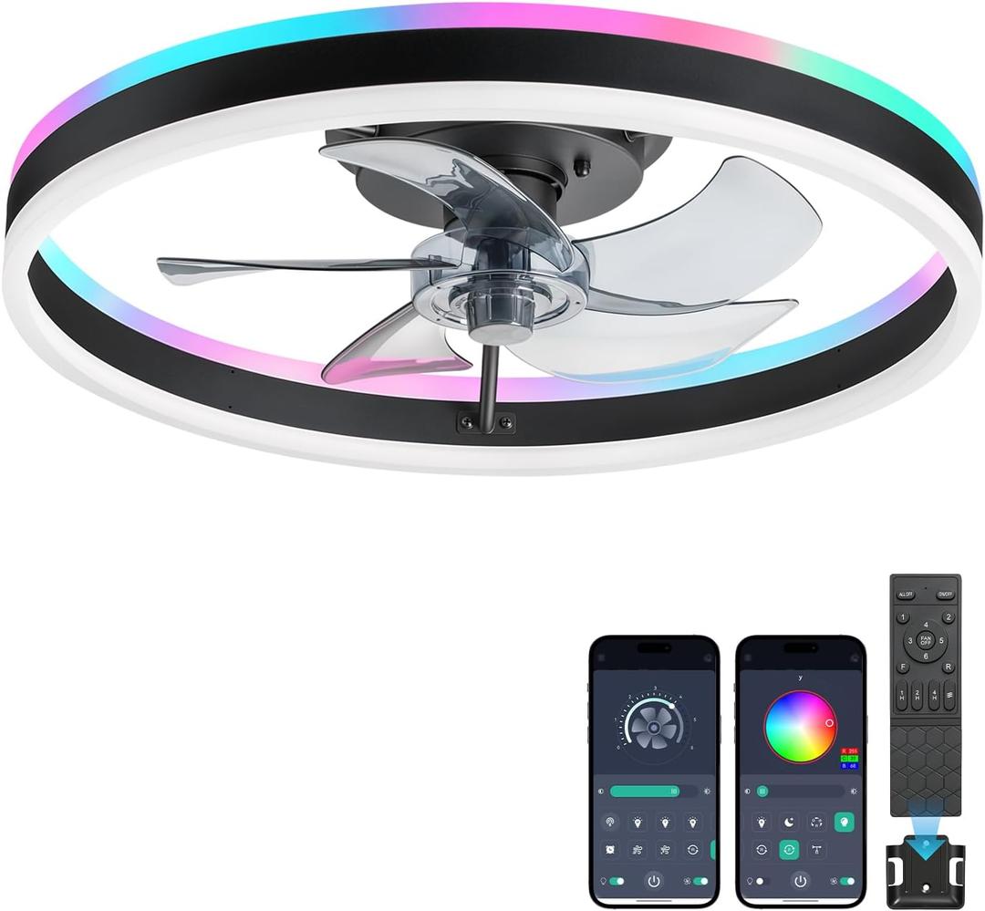 20'' RGB Ceiling Fans with Lights and Remote, LED & Easy Install | Vertical wind direction design, 6 speeds, dimmable, smart flush mount ceiling fan, for bedroom, living room