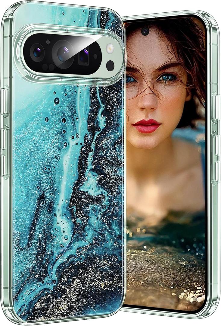 Marble Case for Google Pixel 9 Pro XL 5G, Soft Silicone Clear TPU Case for Women, Pixel 9 Pro XL Cute White Blue Marble Pattern Anti-Scratch Shockproof Protective Cover for Google 9 Pro XL (Sea)